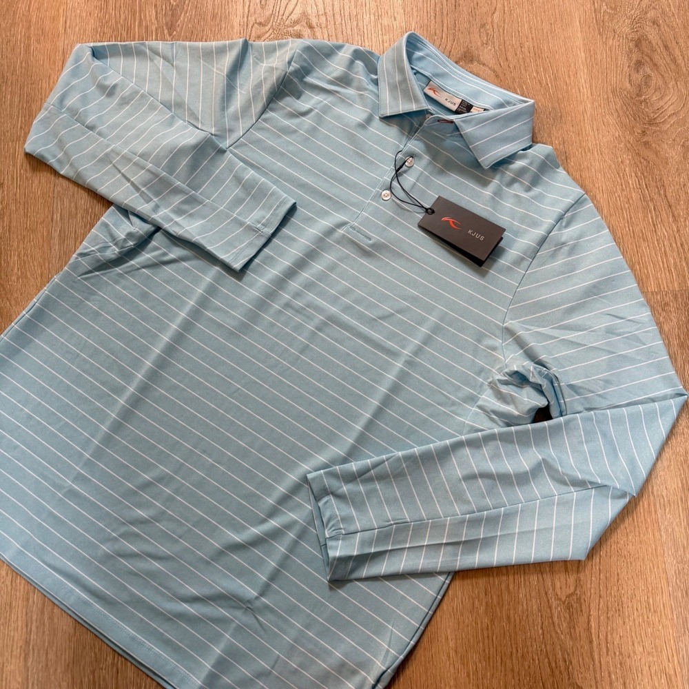KJUS Soren Melange Stripe Golf Polo Shirt Mens M 50 Light Blue LS Performance